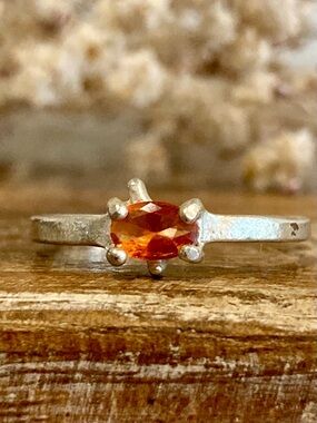 Sterling Silver Orange Gemstone Ring • Size 9 • Handmade Look • Wonky Prong